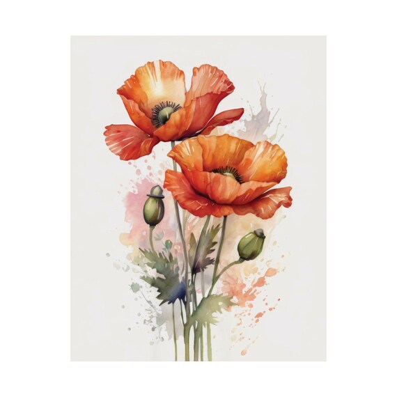 Vivid Red Poppies Watercolor Pair Floral Botanical Art Poster