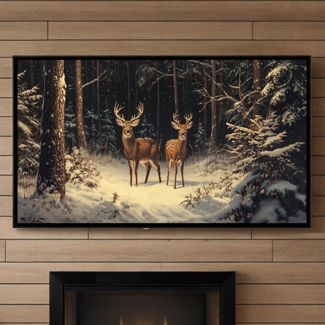 Buck And Doe In Snowy Forest Vintage Winter Wildlife Art Poster