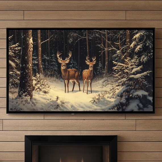 Buck And Doe In Snowy Forest Vintage Winter Wildlife Art Poster