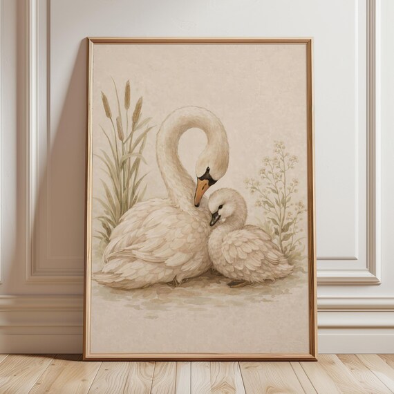 Elegant Swan Mother and Baby Vintage Watercolor Nursery Art Poster