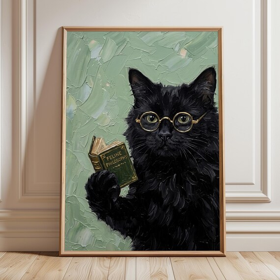 Black Cat Reading Book Art Print Moody Dark Academia Wall Decor Funny Lover Gift Cozy Literary Poster Digital Download