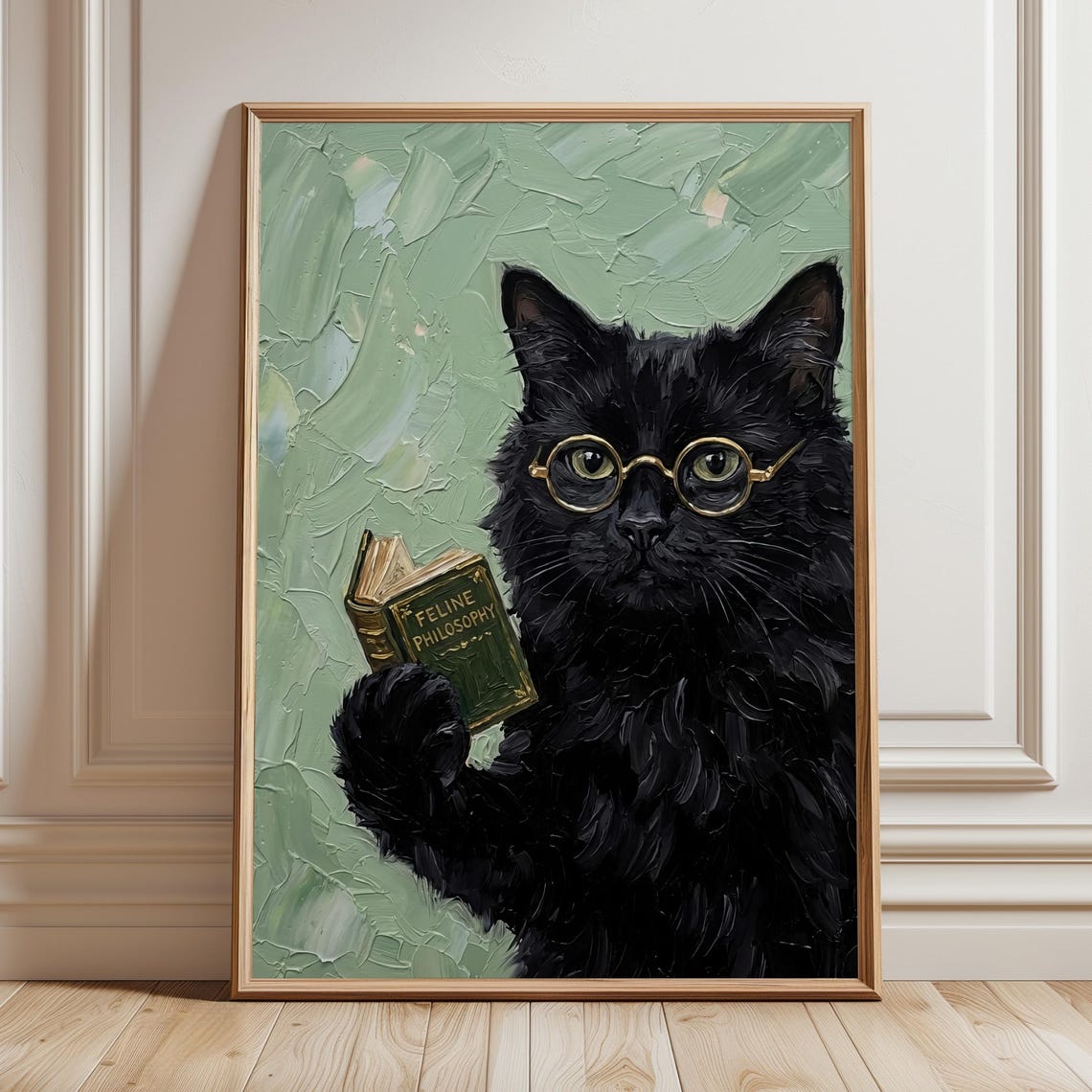 Black Cat in Glasses Holding a Feline Philosophy Book Funny Art Poster