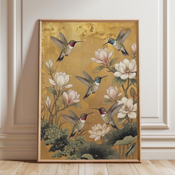 Golden Hummingbird Magnolia Wall Art Japandi Botanical Print Asian Inspired Floral Decor Elegant Gold Nature Artwork Digital Download