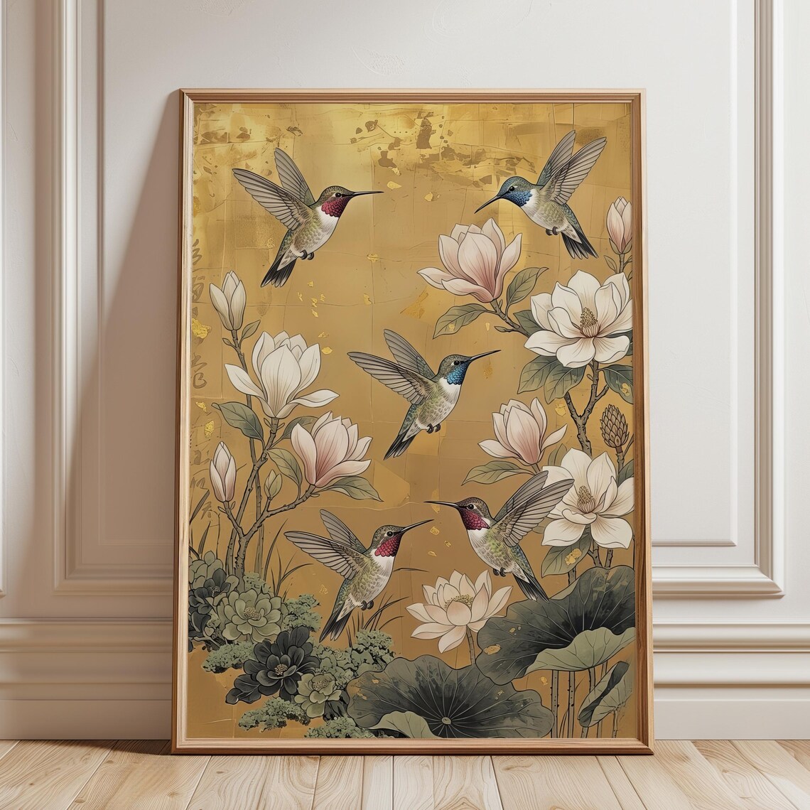 Golden Hummingbirds Magnolia Blossoms Chinoiserie Style Poster