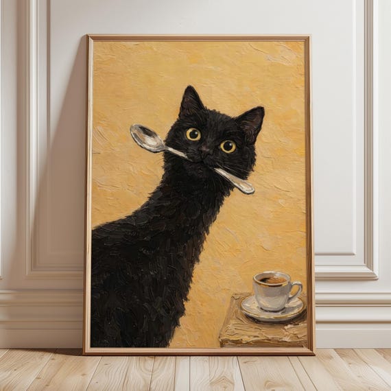 Black Cat Cafe Breakfast Art Print Funny Coffee Bar Decor Whimsical Espresso Caf Poster Quirky Kitchen Shop Painting