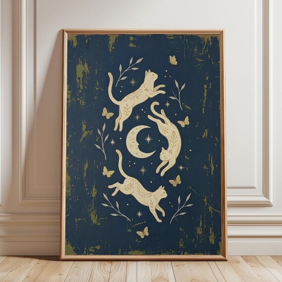 Mystical Cat Folk Art Print Celestial Moon Stars Poster Whimsical Vintage Animal Illustration Dark Teal Nursery Decor Digital Download