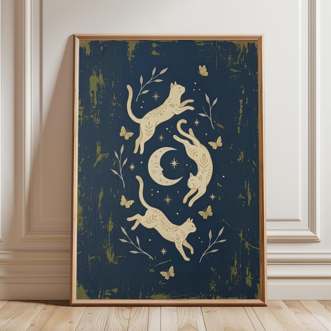 Celestial Cats Around Crescent Moon Mystical Navy Art Poster