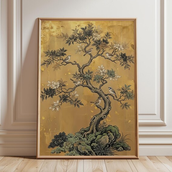 Gold Tree Of Life Art Print Japandi Botanical Decor Japanese Leaf Zen Nature Poster Luxury Living Room Digital Download