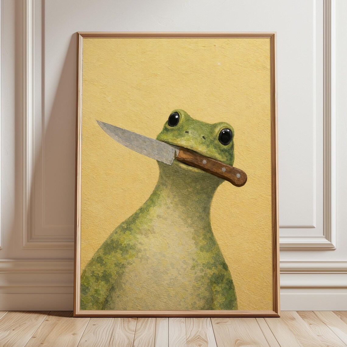 Frog Holding Knife in Mouth Dark Humor Yellow Surreal Funny Animal Poster
