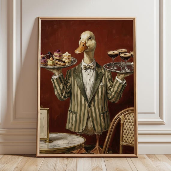 Funny Goose Waiter Art Print Moody Bistro Duck Decor Whimsical Maximalist Kitchen Poster Vintage Cafe Bar Cart Paint Digital Download