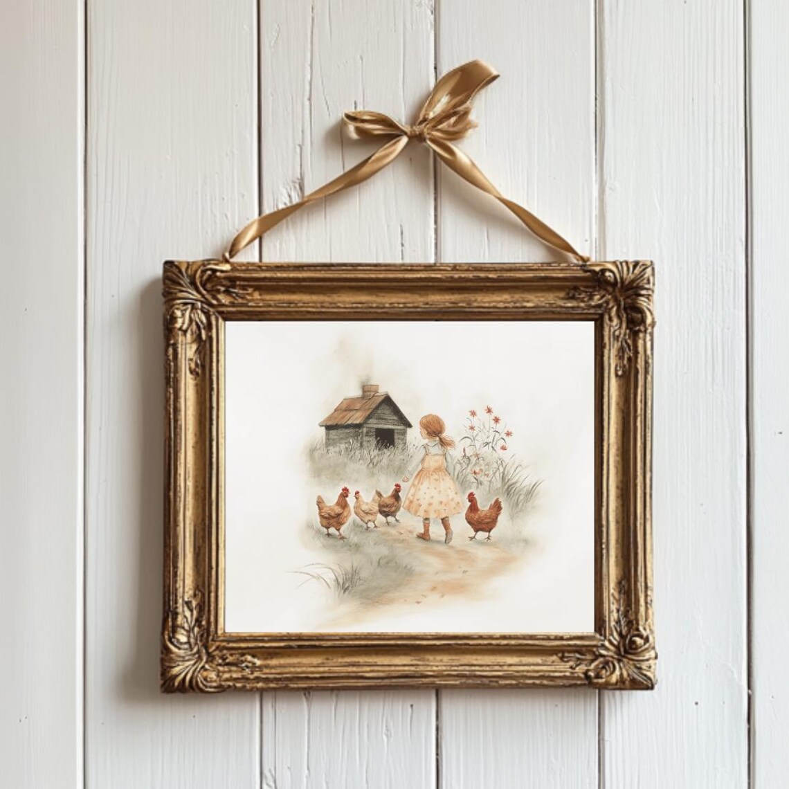 Farm Girl and Chickens Vintage Nursery Art Print - Image 5