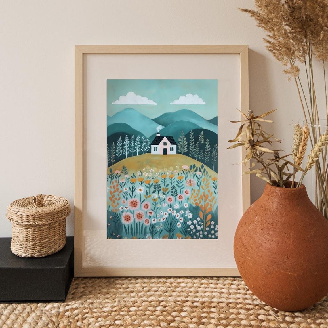 Cozy Little Cottage on Green Hill Among Wildflowers Folk Art Poster - Image 2