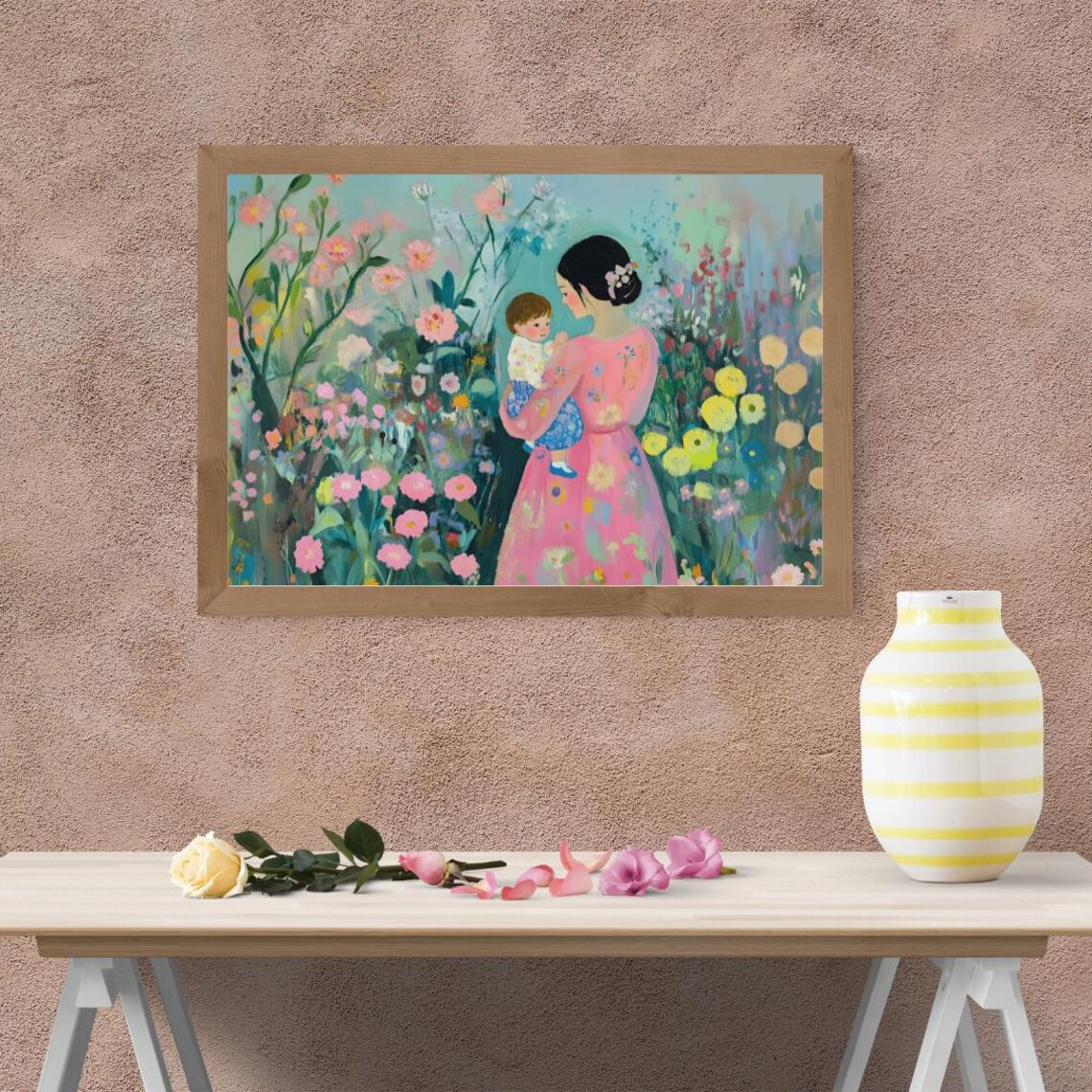 Loving Mother Holding Toddler in Blooming Wildflower Garden Art Poster - Image 2