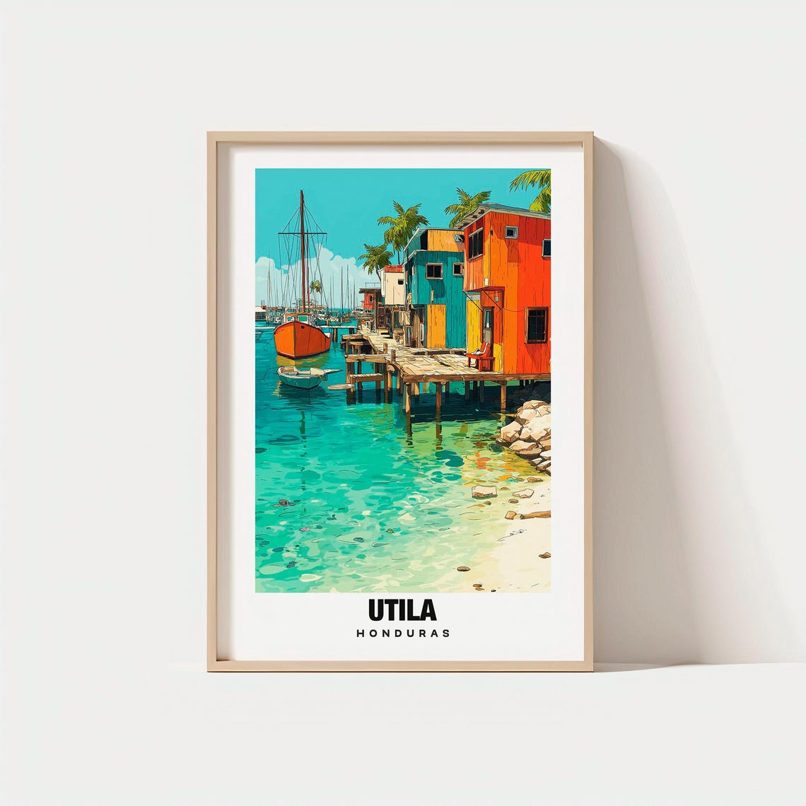 Utila Honduras Caribbean Stilt Houses over Turquoise Water Poster