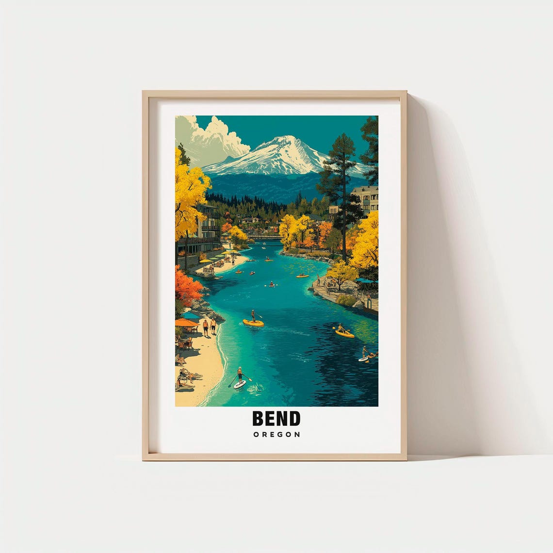 Bend Oregon River Town Paddleboards Kayaks Mountain View Poster