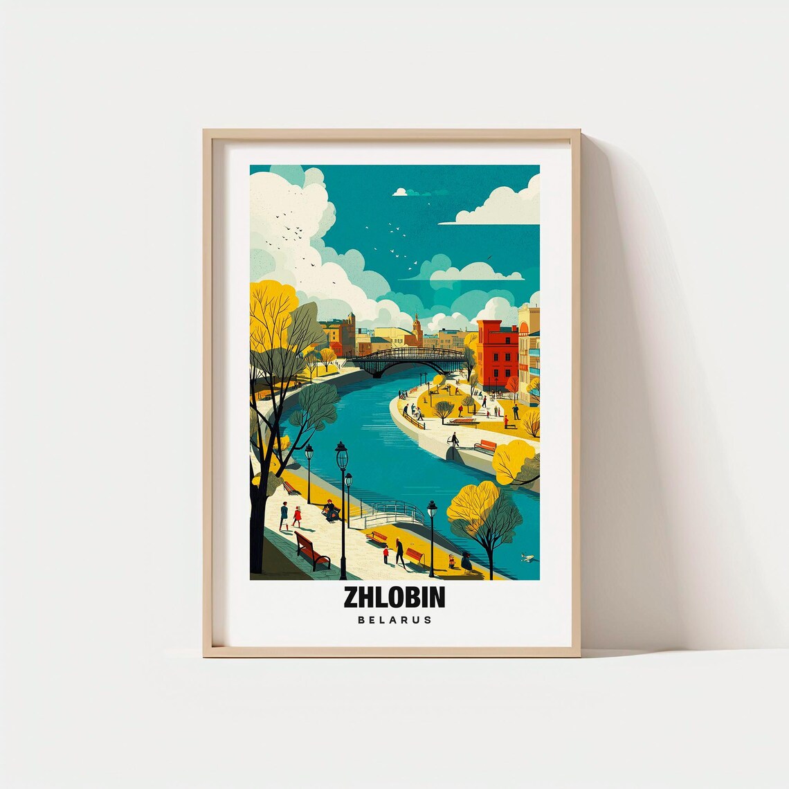 Zhlobin Belarus Autumn River Embankment Bridge Travel Poster