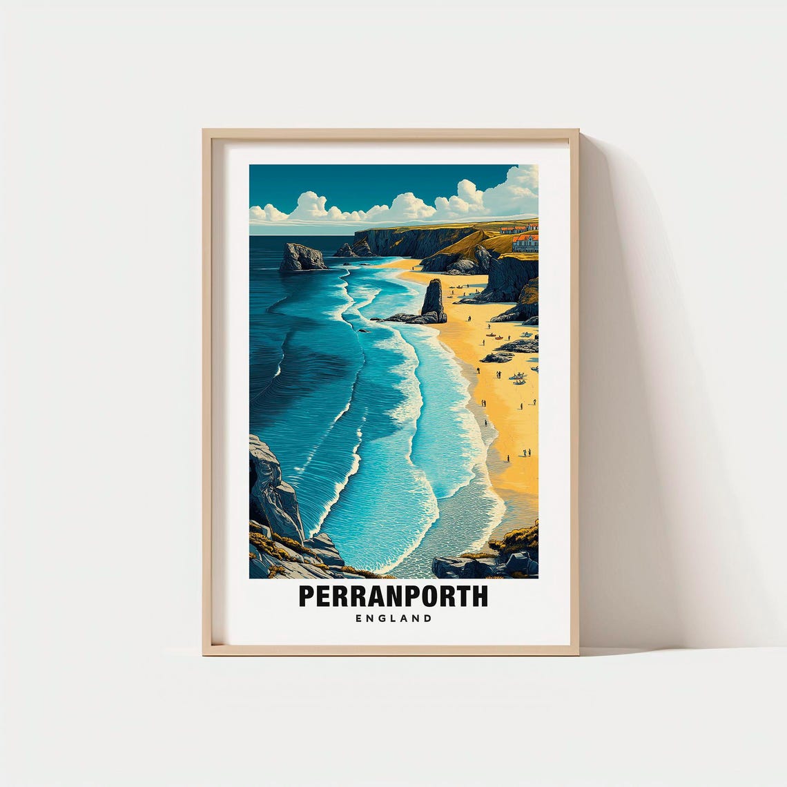 Perranporth England Golden Beach Cliffs Sea Stacks Surf Poster