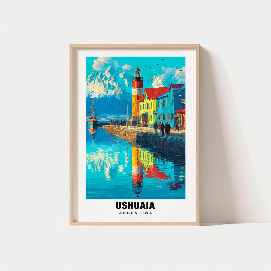 Ushuaia Argentina Colorful Port Lighthouse Snowy Mountains Poster