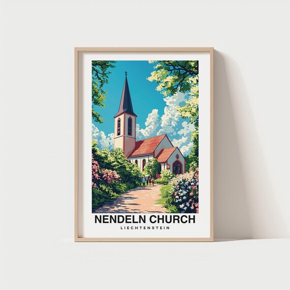 Nendeln Church Liechtenstein Garden Path Vintage Travel Poster