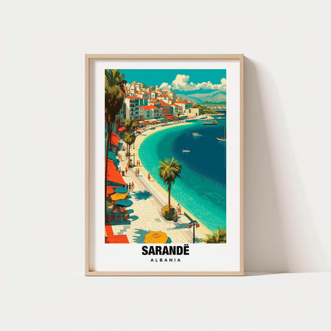 Sarande Albania Seaside Promenade Beach and Palm Vintage Travel Poster