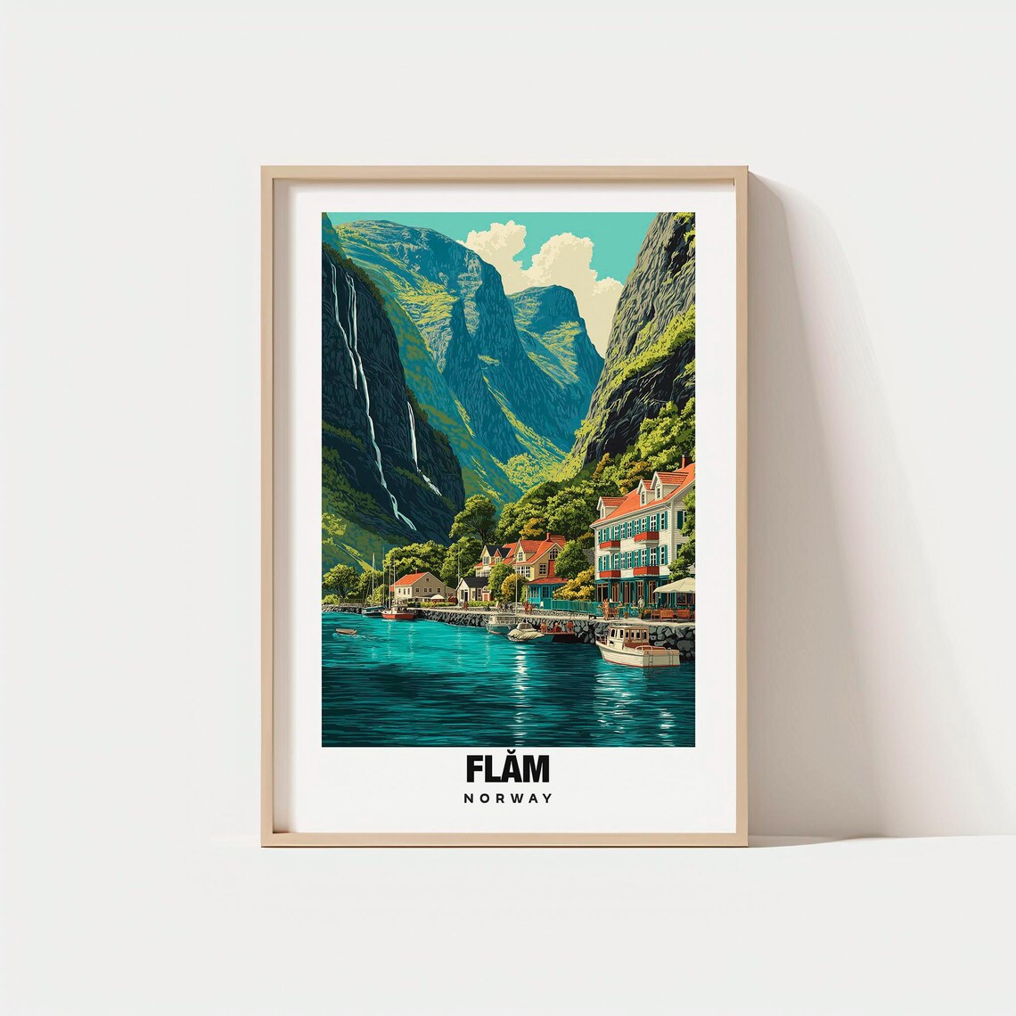 Flam Norway Fjord Village Waterfalls Boats Harbor Mountain Poster