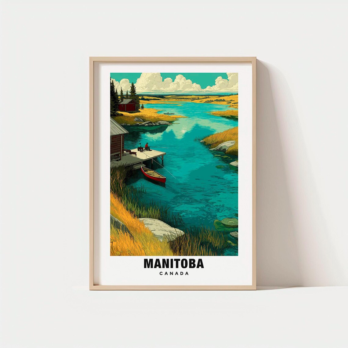 Manitoba Canada Wilderness Lake Red Canoe Dock Cabin Travel Poster