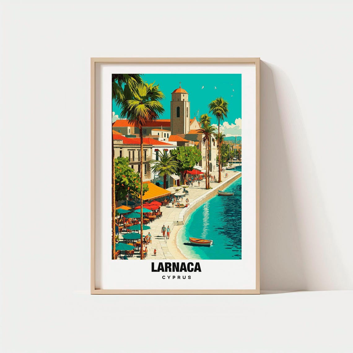 Larnaca Cyprus Palm Lined Seafront Church Tower Travel Poster