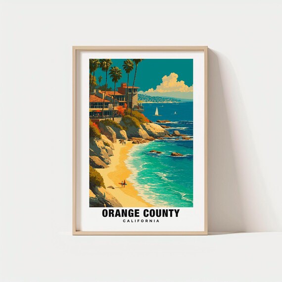 Orange County California Poster Cliff Beach Palms Surfers Sailboats Coast Art