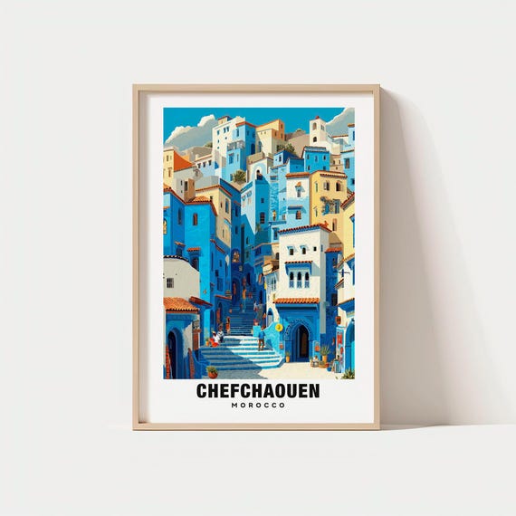 Chefchaouen Print Morocco Poster City Views Travel Art Blue Streets Scenic Beauty Mountain Backdrop Historic Charm Moroccan Escape