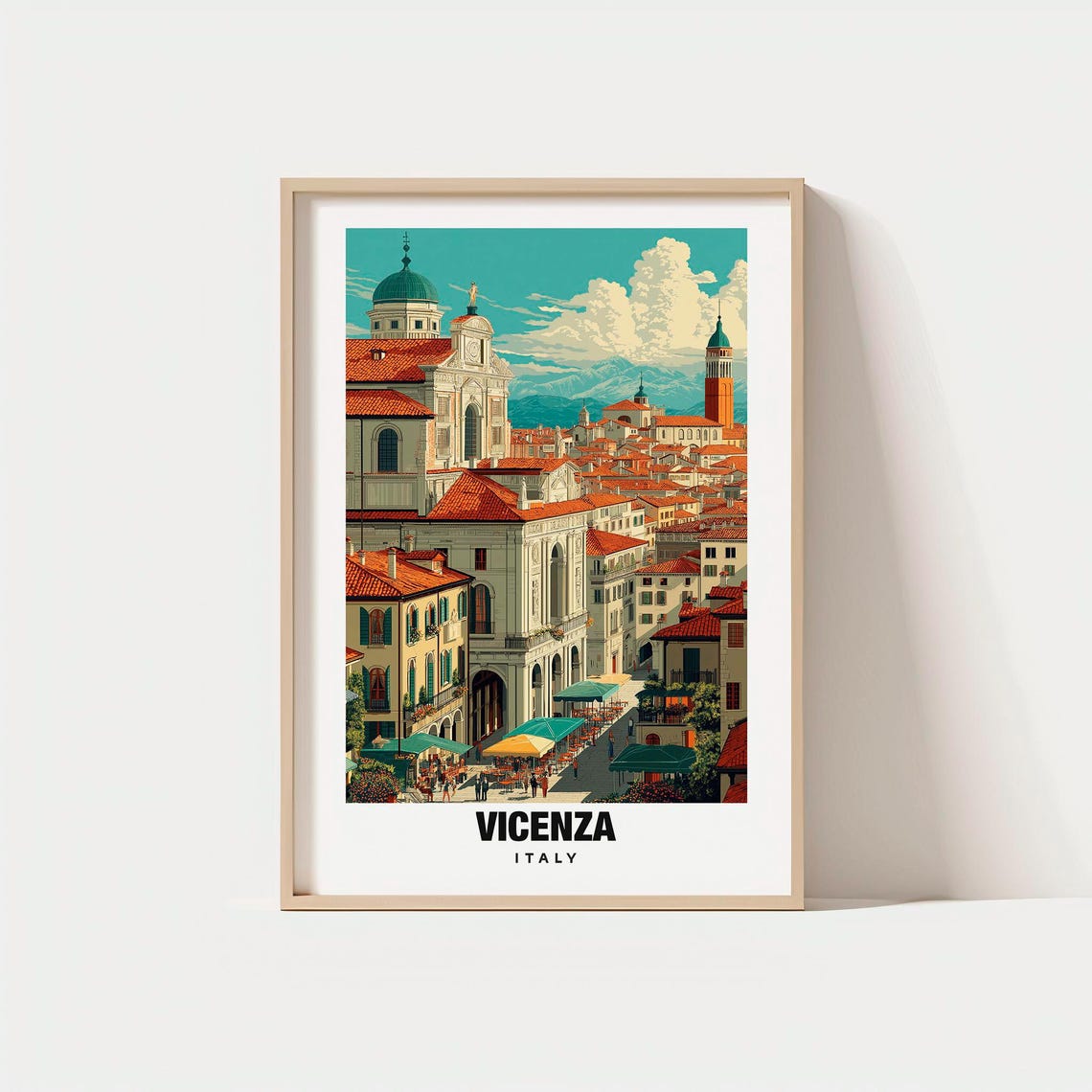 Vicenza Italy Elegant Rooftops Cathedral Dome Piazza Market Poster