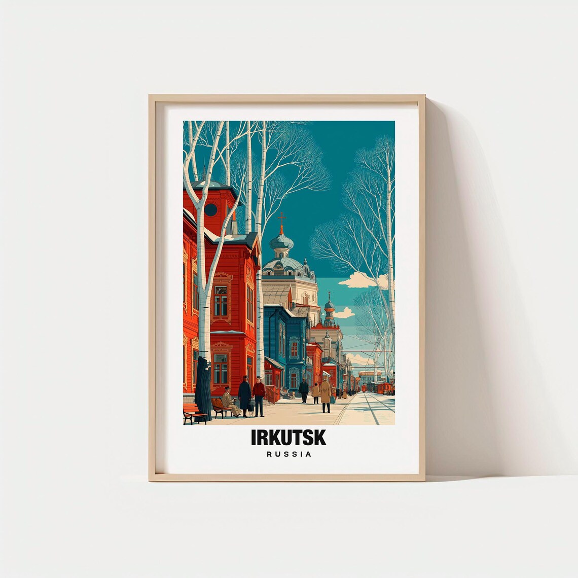 Snowy Irkutsk Russia Winter Street Wooden Houses Cathedral Poster