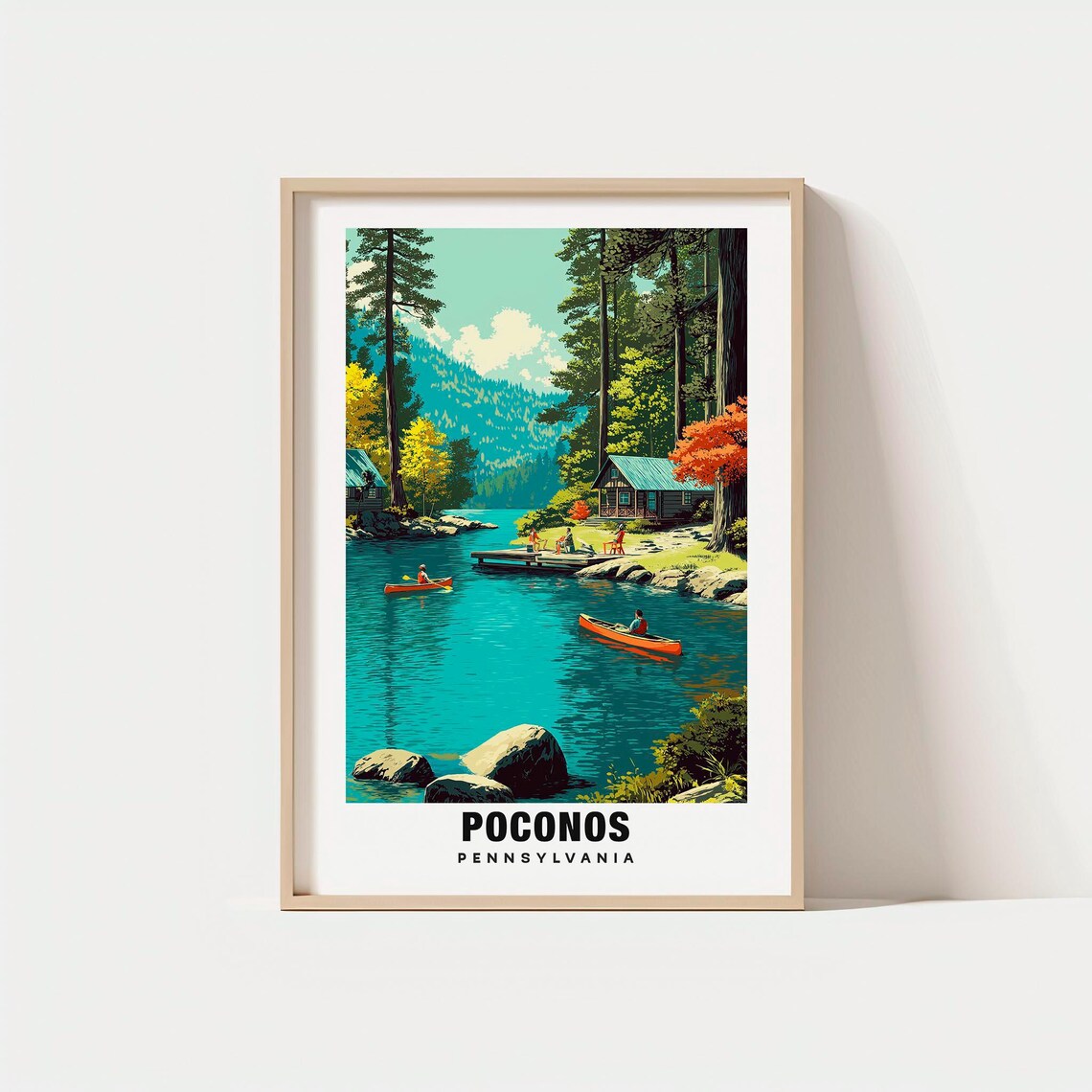 Poconos Pennsylvania Lake Kayakers Cabin Shore Vintage Poster