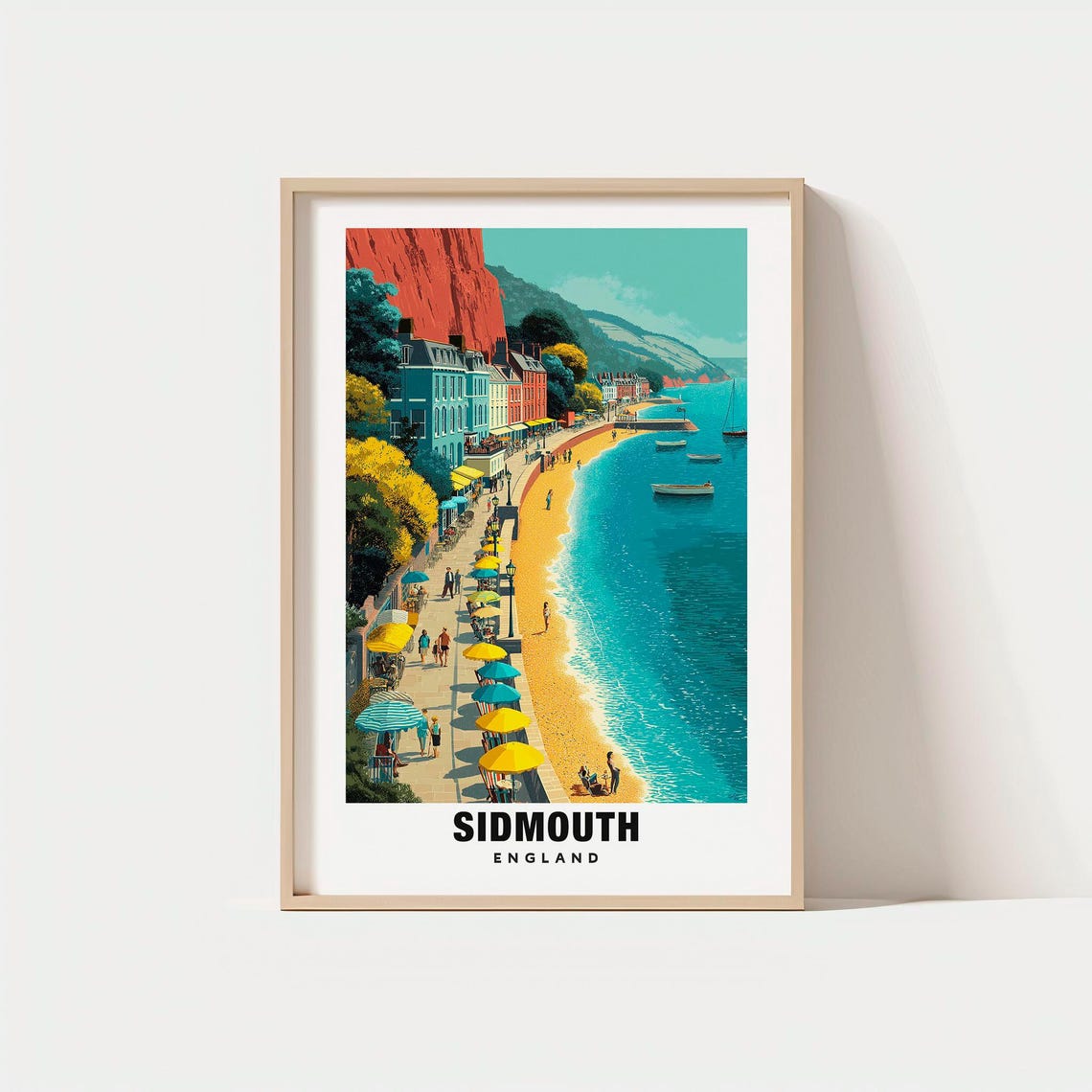 Sidmouth England Red Cliffs Beach Promenade Vintage Travel Poster