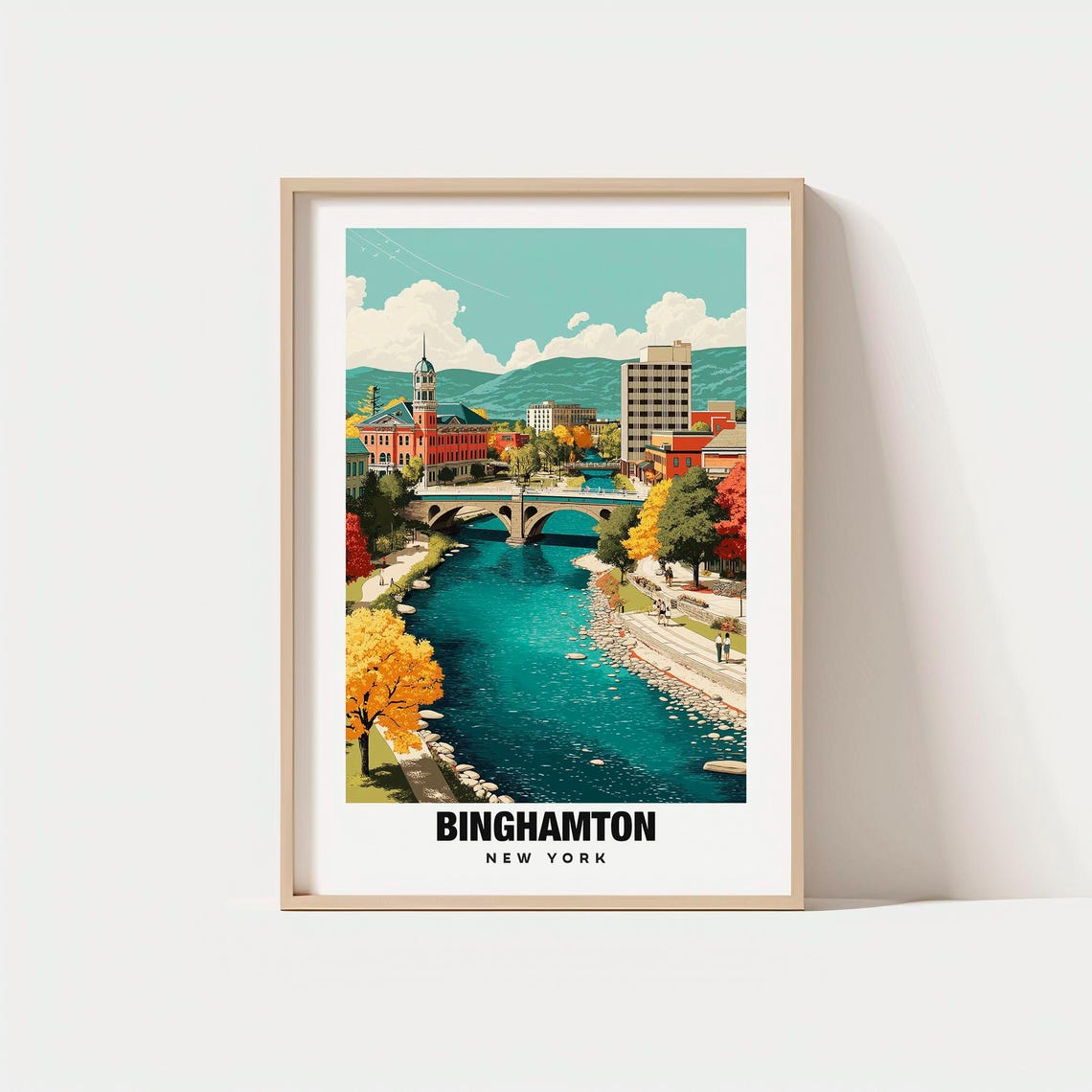 Binghamton New York River Bridge Fall Colors Downtown Travel Poster