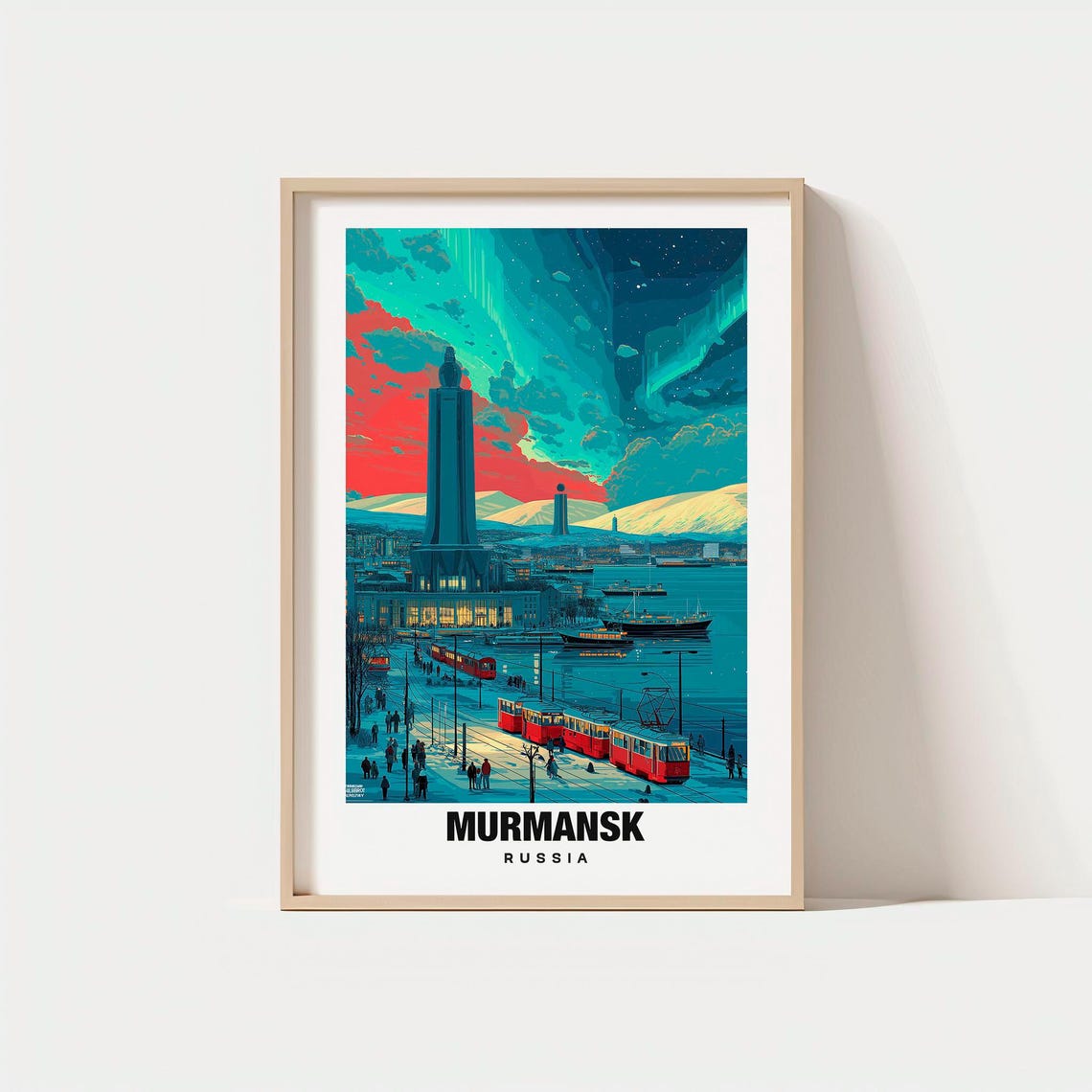 Murmansk Russia Arctic Winter Northern Lights Red Trams Poster