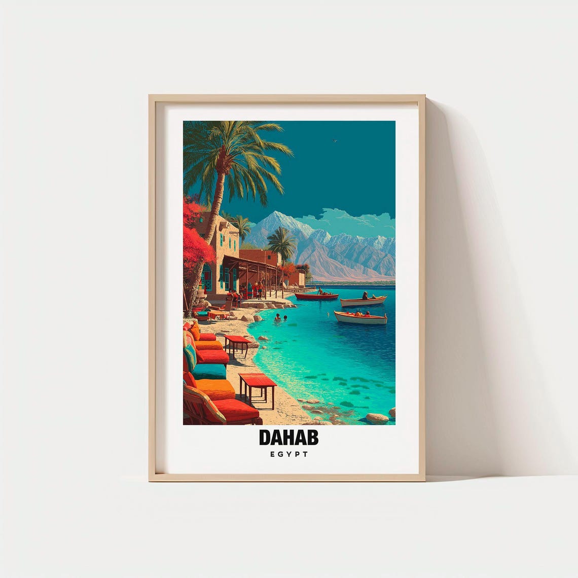 Dahab Egypt Red Sea Beach Sinai Mountains Boats Loungers Poster