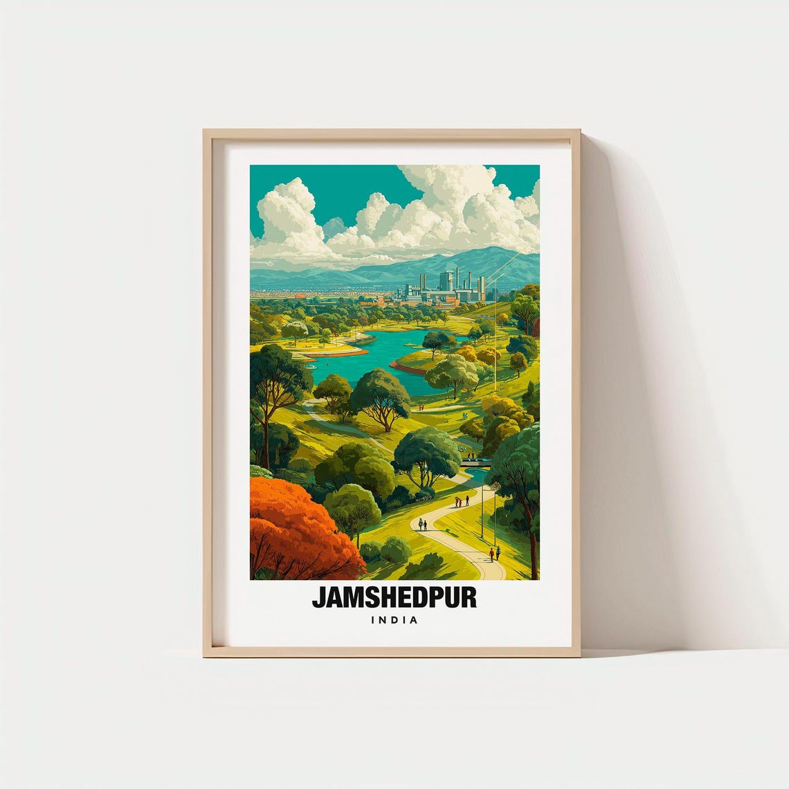 Jamshedpur India Green Lakeside Park City Skyline Travel Poster