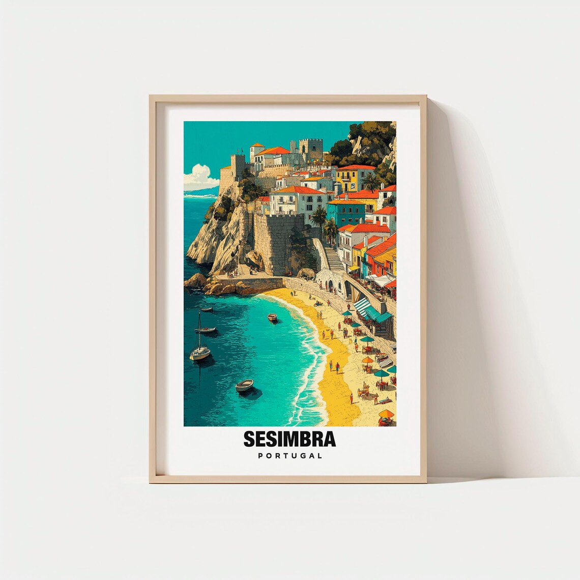 Sesimbra Portugal Cliffside Old Town Beach Sailboats Travel Poster