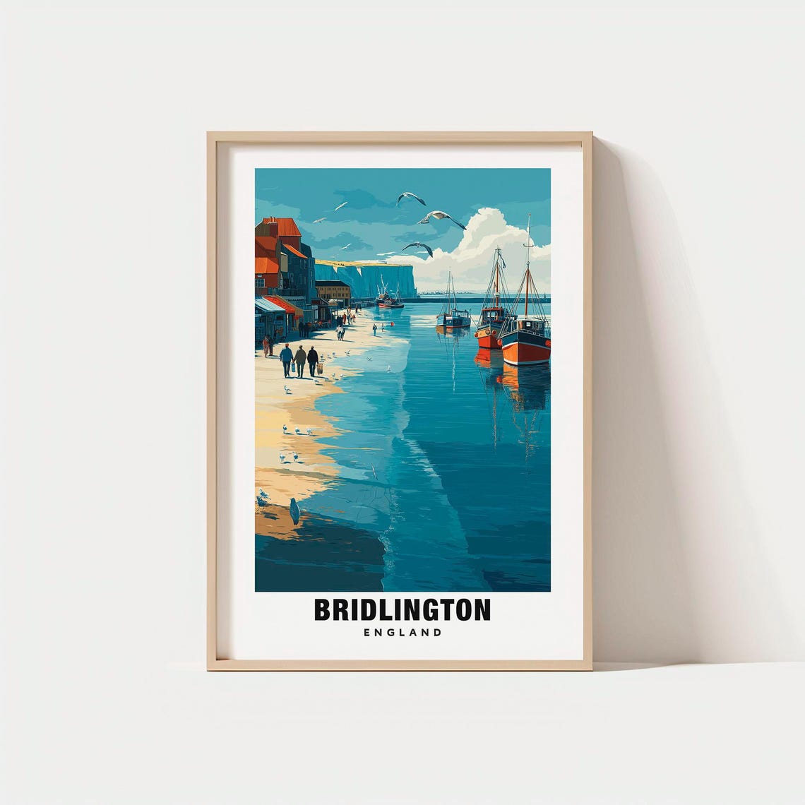 Bridlington England Harbor Fishing Boats Chalk Cliffs Poster