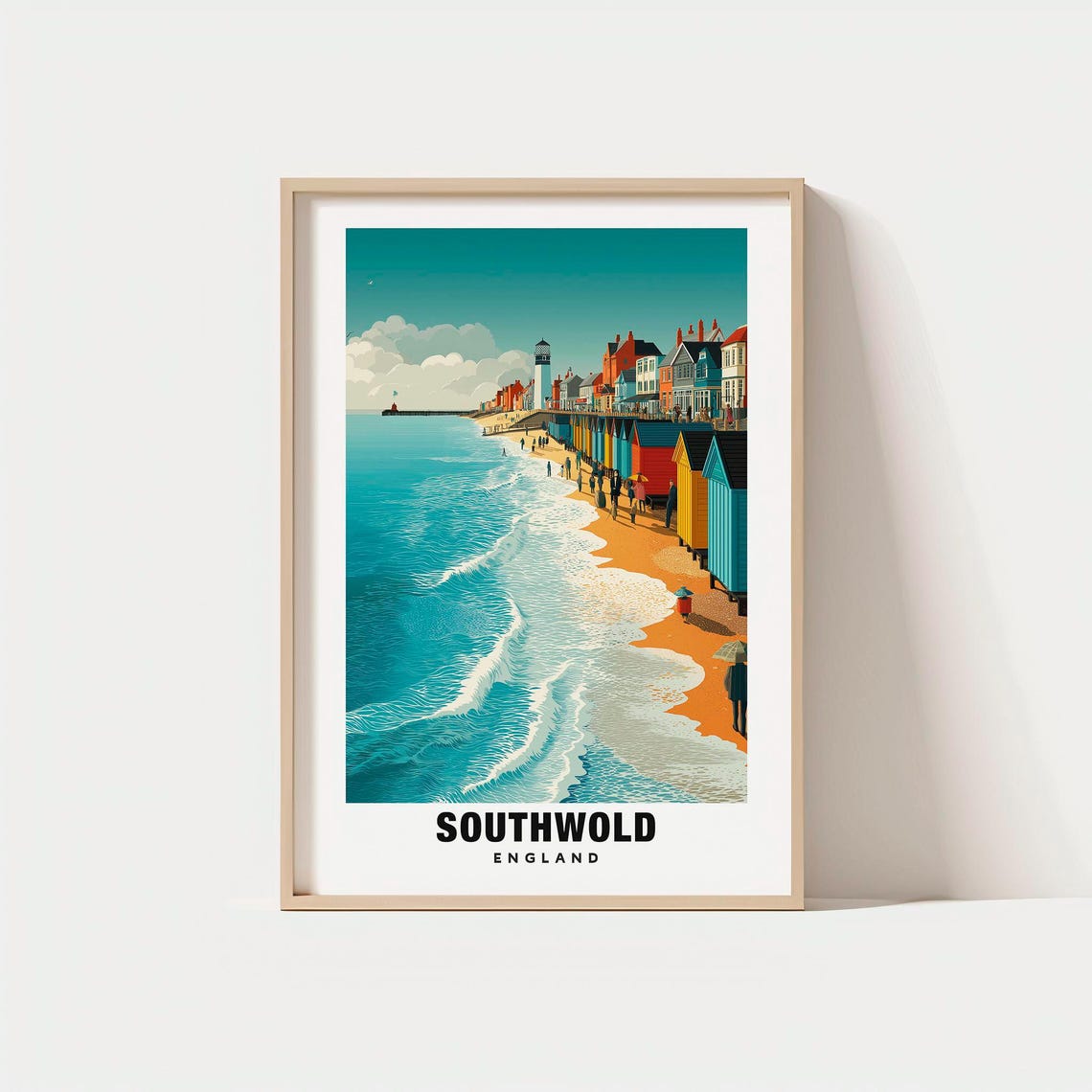 Southwold England Beach Huts Pier Lighthouse Coastal Scene Poster