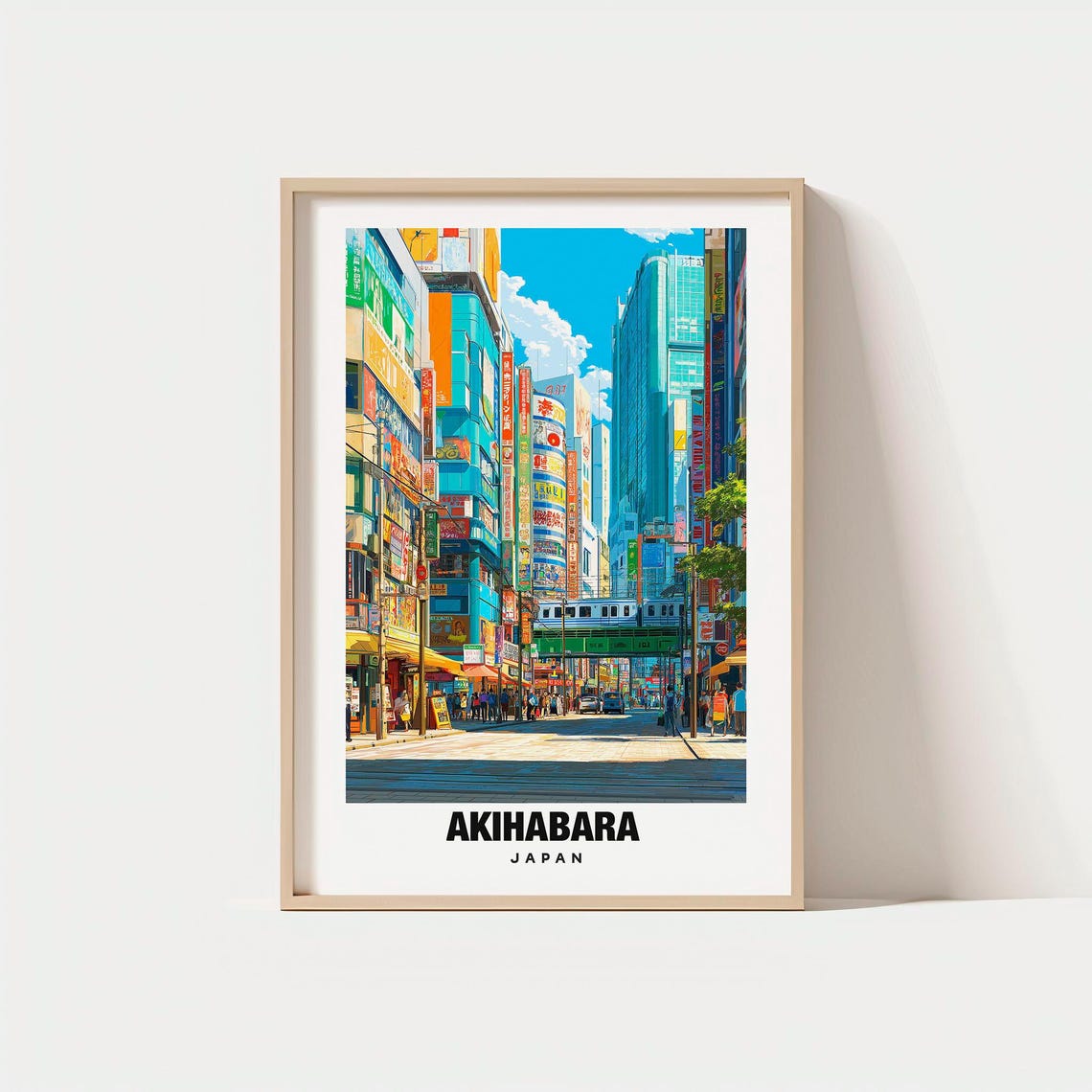 Akihabara Japan Neon Signs Elevated Train Tokyo Travel Poster