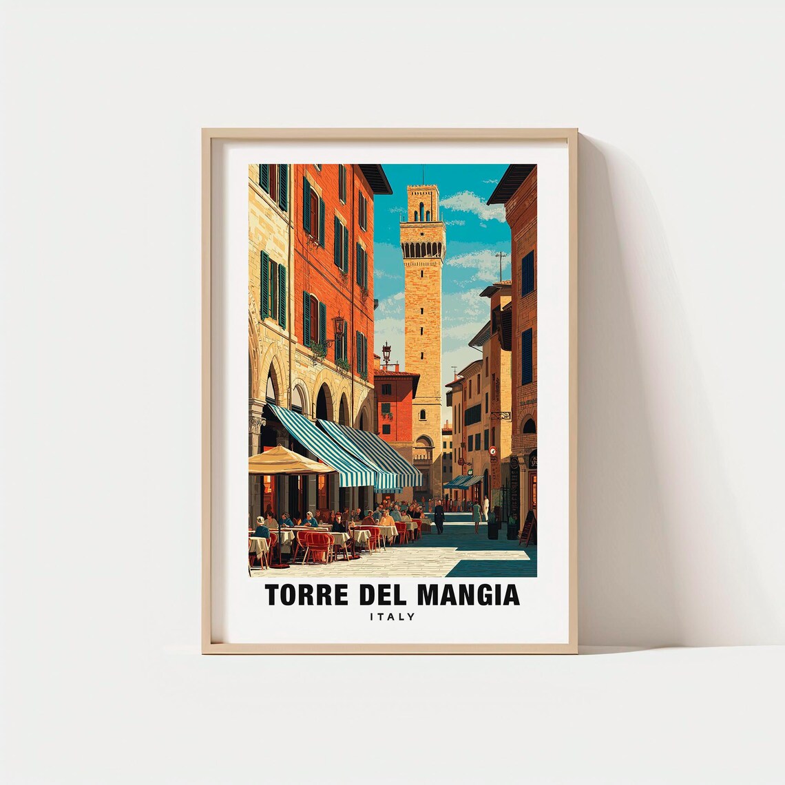 Torre del Mangia Italy Siena Tower Plaza Cafe Retro Travel Poster