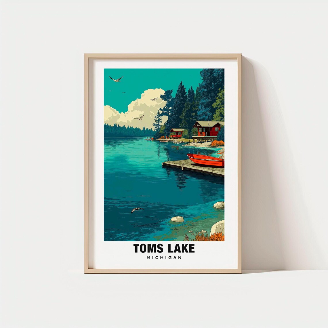 Toms Lake Michigan Red Rowboat Wooden Dock Cabin Calm Water Poster