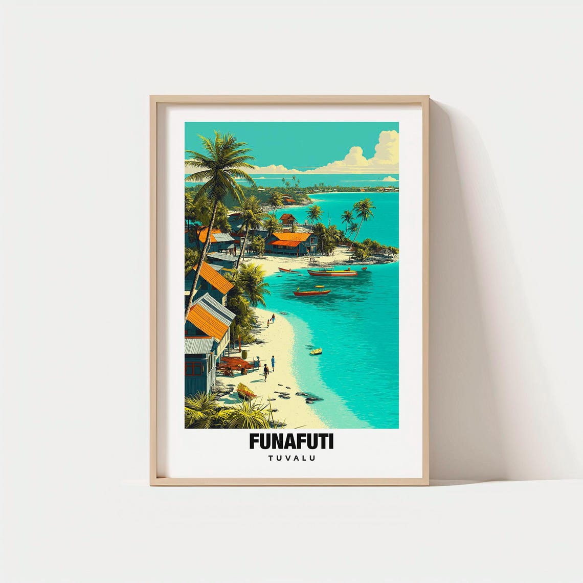 Funafuti Tuvalu Tropical Atoll Village Boats Lagoon Travel Poster
