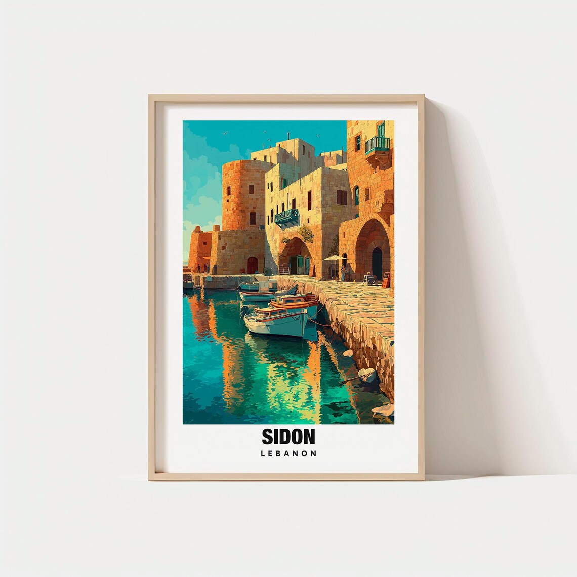 Sidon Lebanon Ancient Sea Castle Harbor Boats Vintage Travel Poster