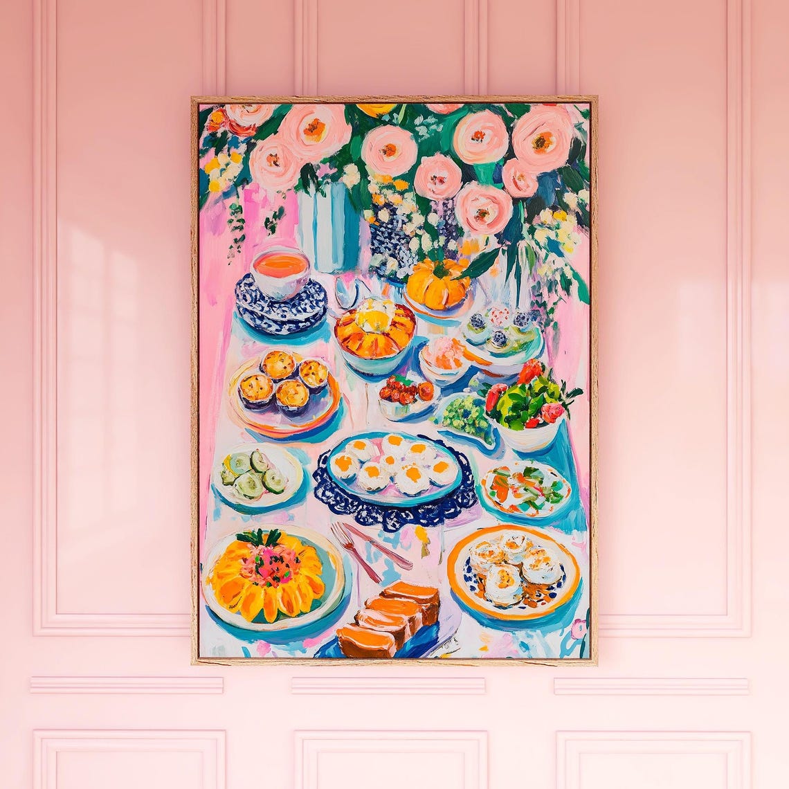 Colorful Brunch Table Painting Eggs Pastries Fruit Floral Feast Poster