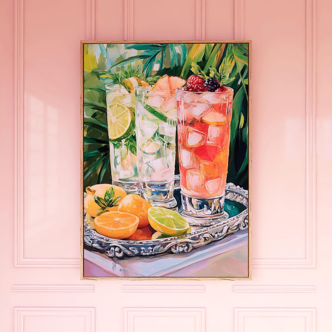 Iced Summer Drinks Painting Poster Citrus Cocktails on Silver Tray