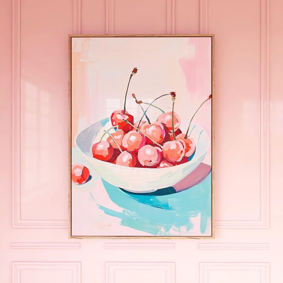 Bowl Of Fresh Cherries Painting Pink Kitchen Summer Art Poster
