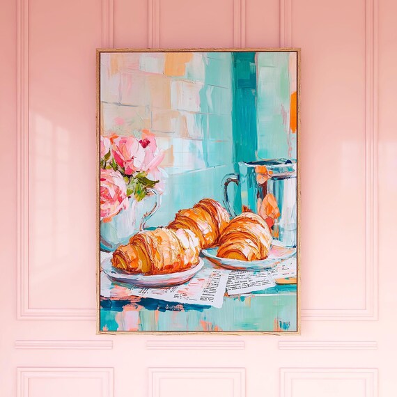 Croissant Breakfast Painting Coffee Newspaper Teal Kitchen Wall Poster