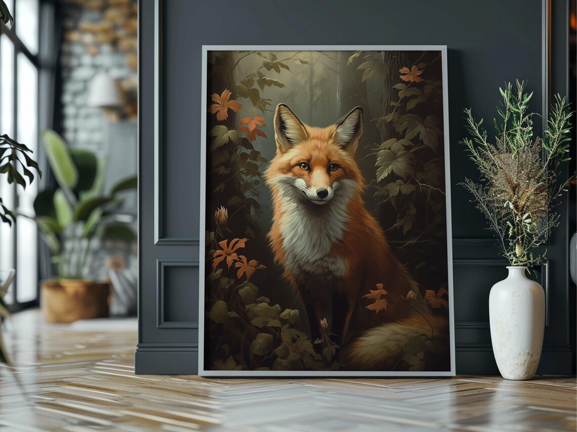 Red Fox Portrait Autumn Botanical Woodland Animal Oil Painting Wall Art - Image 3